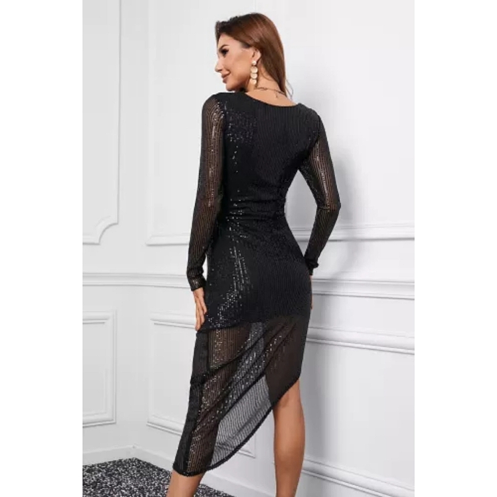 LAST ONE! Plus Size WHITLEY Long Sleeve Black Sequin Dress With V-Neck - Picture 2 of 7